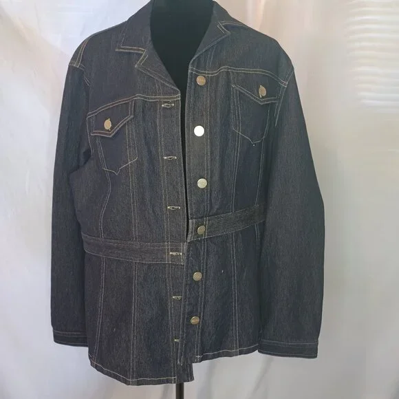 Evan Picone Dark Wash Stretch Denim Belted Jacket - Picture 2 of 8